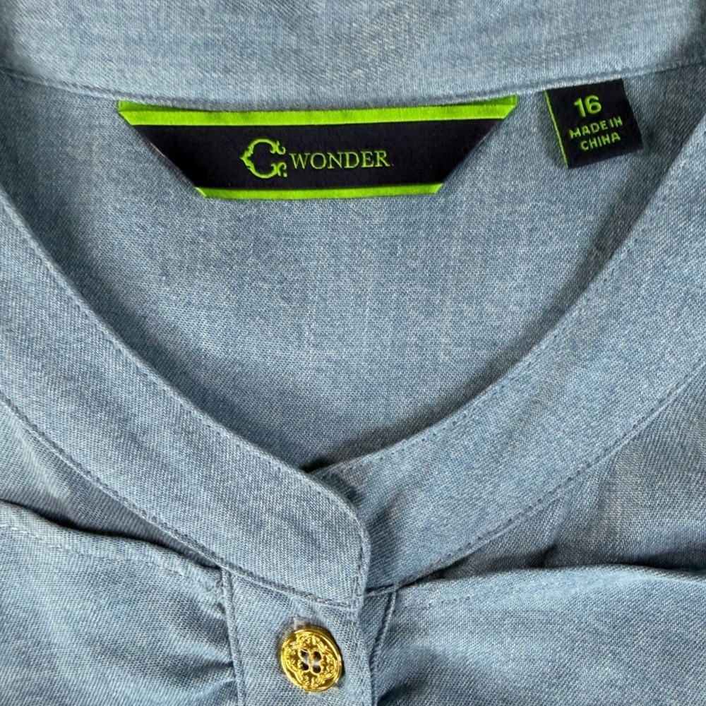 C. Wonder Ruffle Front Blouse 16W Chambray Denim Button Down Modern Elegant Chic - Picture 4 of 15